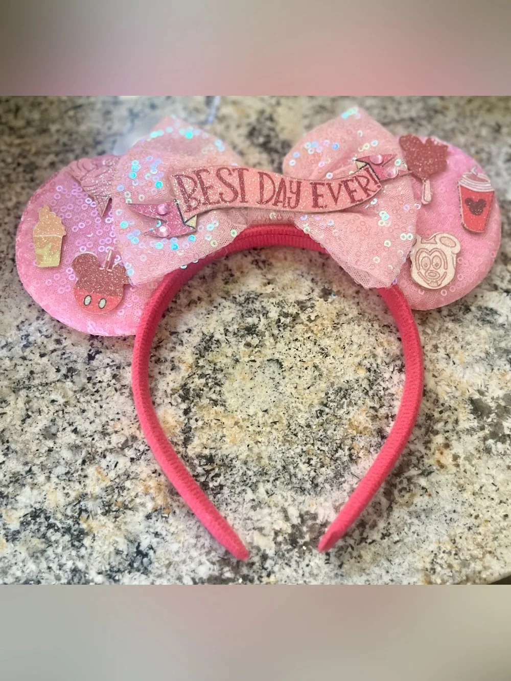 Pink Sequin Kids “Mickey Mouse” Ear Headband with 'Best Day Ever' Banner